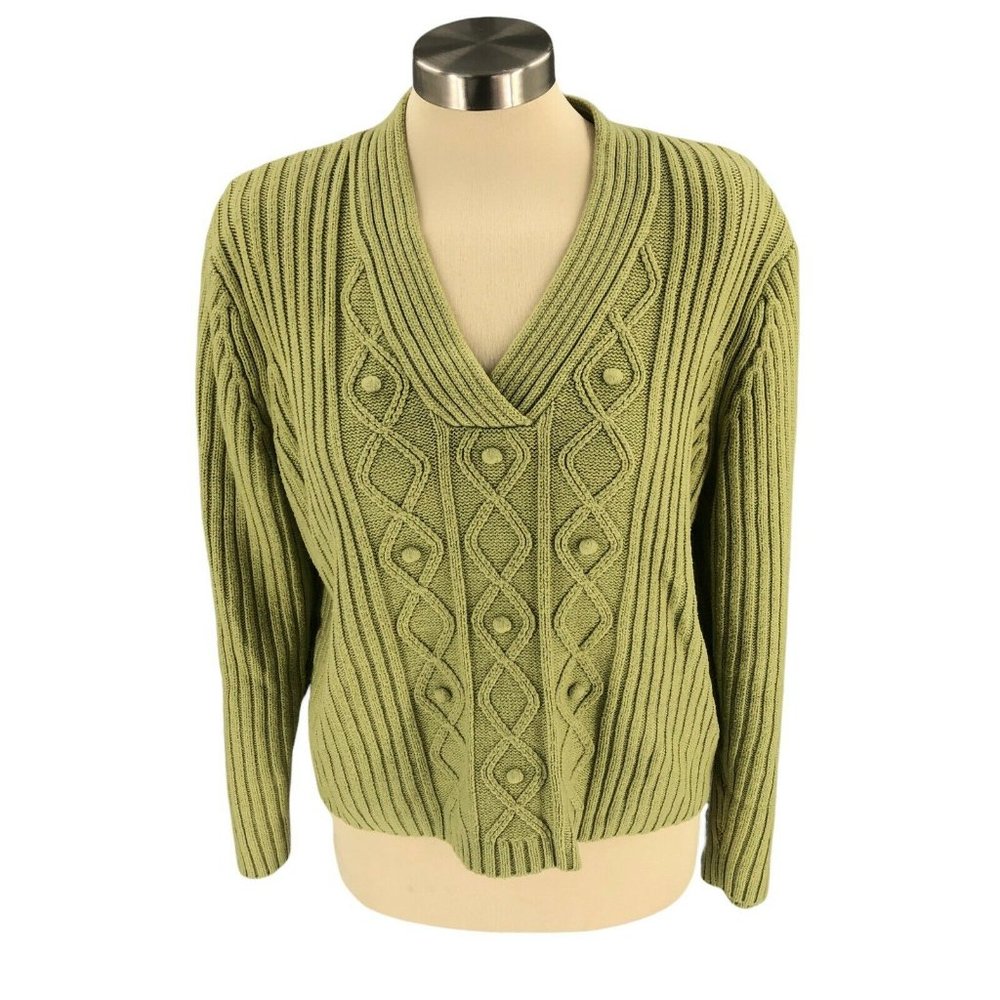 Womens Sweater Extra Large Green Pullover Long Sleeve V-neck Cable Knit Relaxed